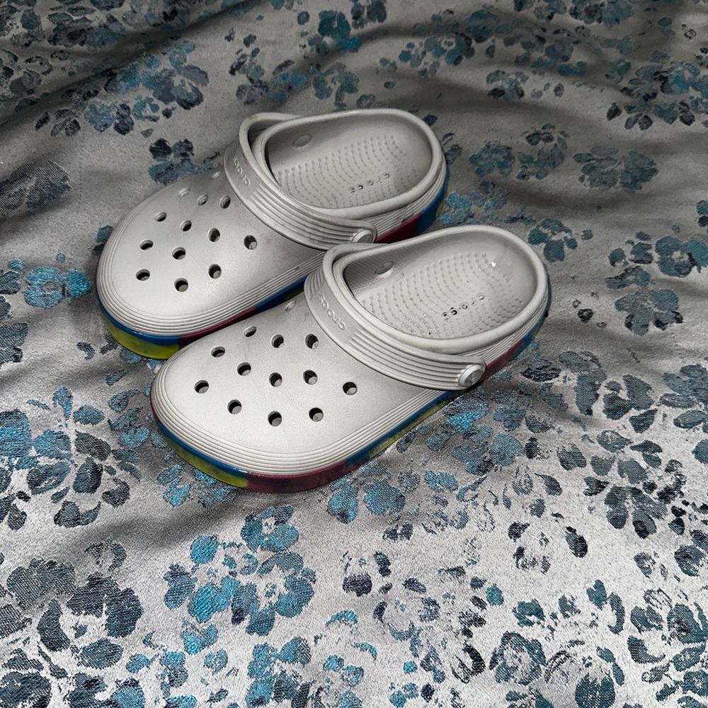 CROCS Kids White Clogs with Rainbow Trim
